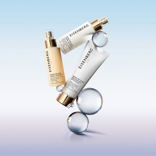EISENBERG Juteklisks attīrošs balzams un divi ekspertu losjoni maigai eksfoliācijai un dziļai mitrināšanai.