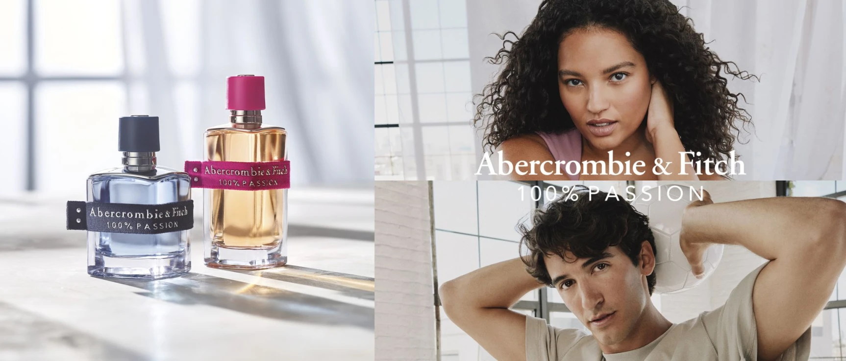 Abercrombie & Fitch 100% Passion smaržas un reklāmas attēli uz gaiša fona.