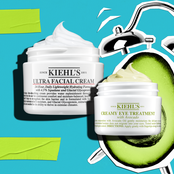 Kiehl's Ultra Facial Cream un Creamy Eye Treatment ar avokado attēloti uz koša fona ar dušas galvas un avokado grafiku.