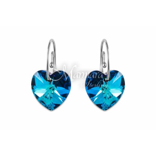 Marmara Sterling Heart Earrings - Bermuda Blue (Auskari ar Swarovski Elementiem)