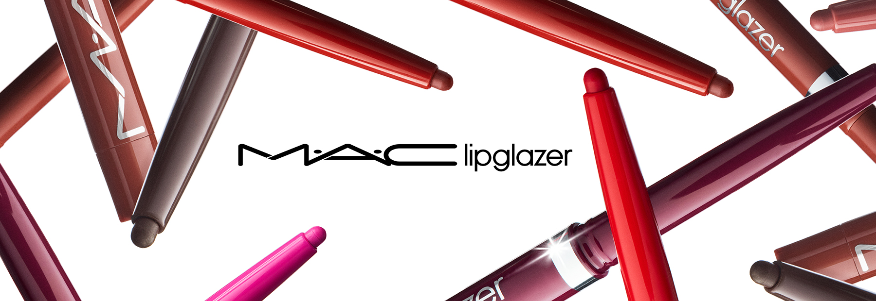 Dažādu krāsu MAC Lipglazer lūpu produkti uz balta fona ar MAC logotipu centrā.