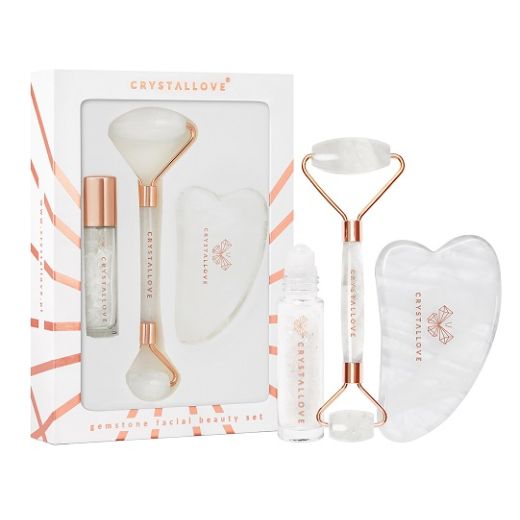 Crystallove Clear Quartz Roller and Gua Sha Set