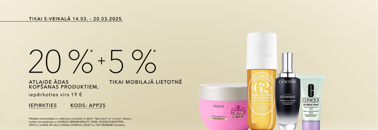 20% ATLAIDE ĀDAS KOPŠANAS PRODUKTIEM, iepērkoties virs 19 € +5% TIKAI MOBILAJĀ LIETOTNĒ 